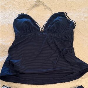 Navy Blue Skirt with White Palm Print Swim Tankini with Swim Skirt